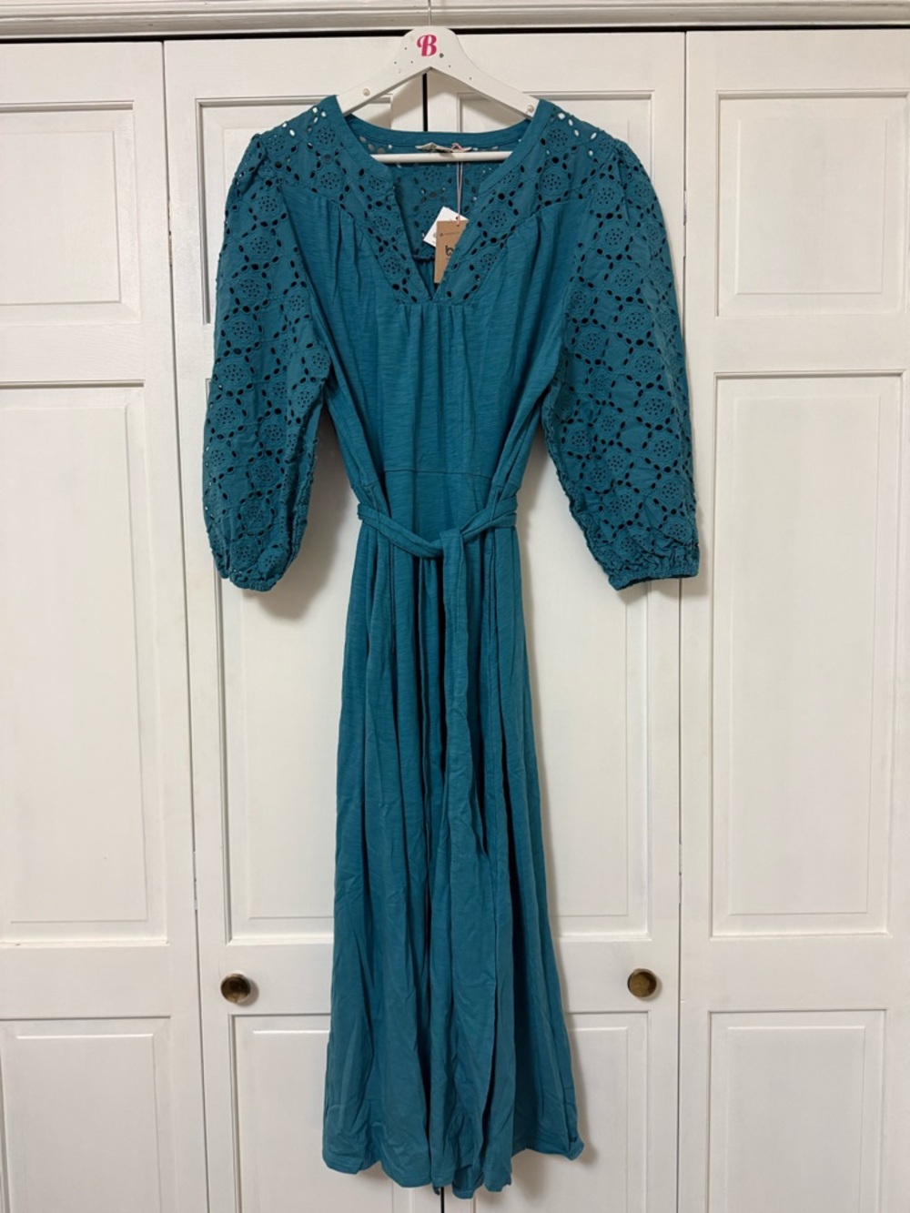 NWT Boden Eden Broderie Jersey Dress Teal Eyelet Tie-Waist Midi Dress 16-18 R - Picture 2 of 11